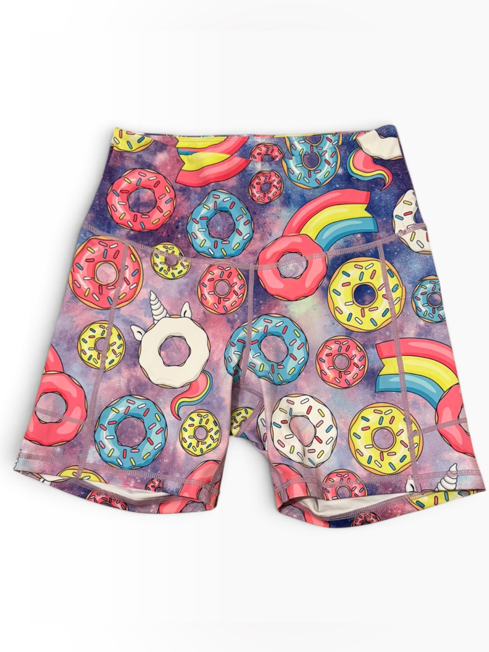 Feed me Fight me Doughnut Unicorn Spandex shorts size Medium Pockets